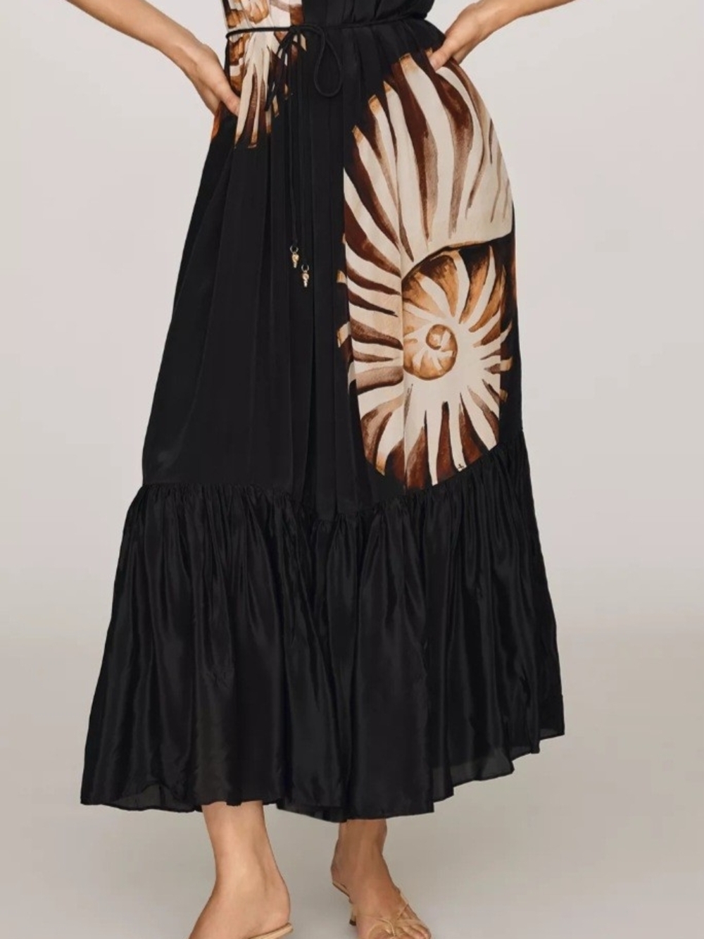 FARM Rio Black Maxi Skirt with Brown Shell Motif